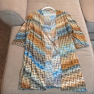 Chevron Blue Gold Brown Open Front Longline Cardigan with Front Tie